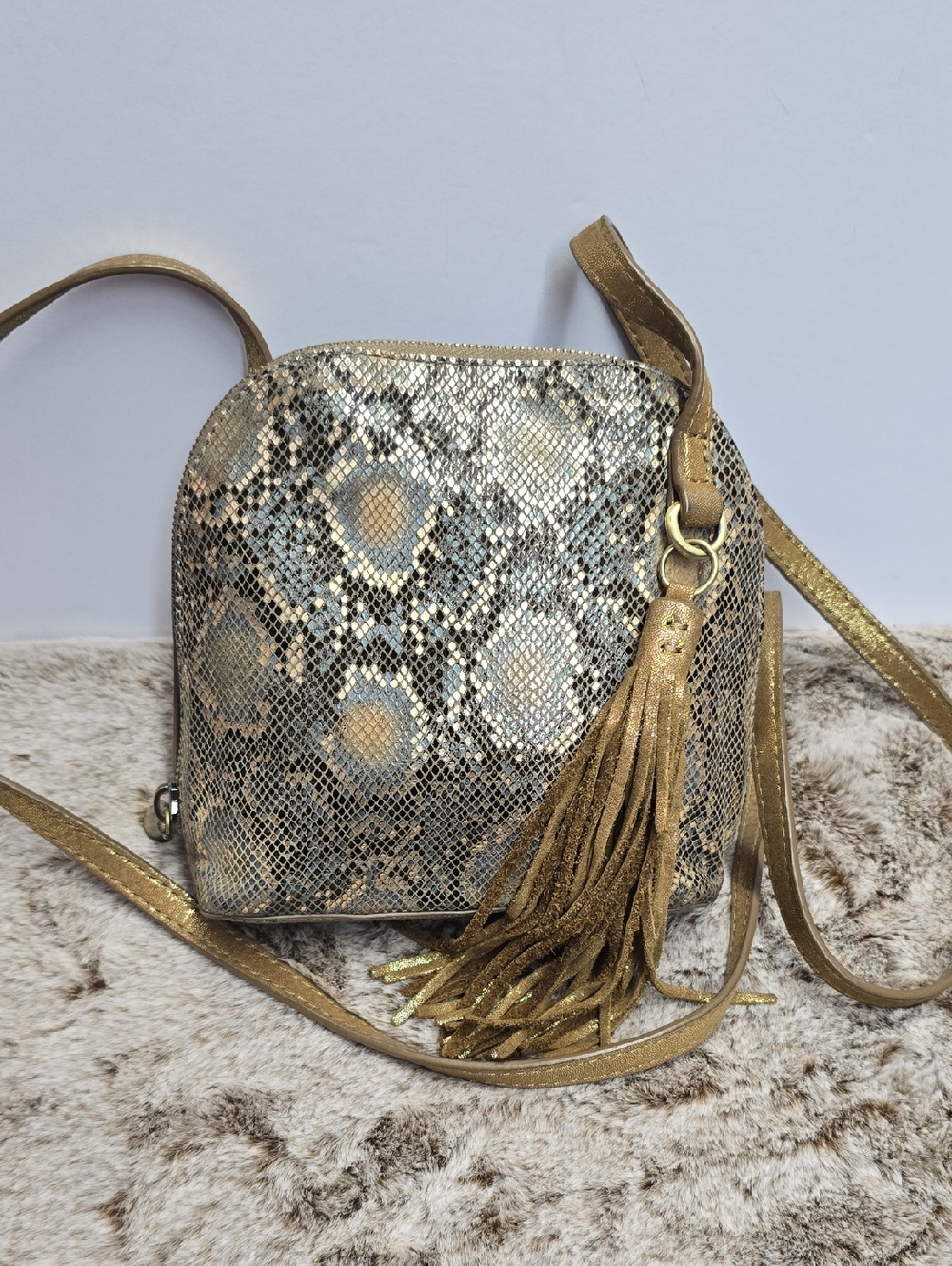 HOBO Metallic Gold Snake-Print Crossbody with Tassel - Picture 1 of 7